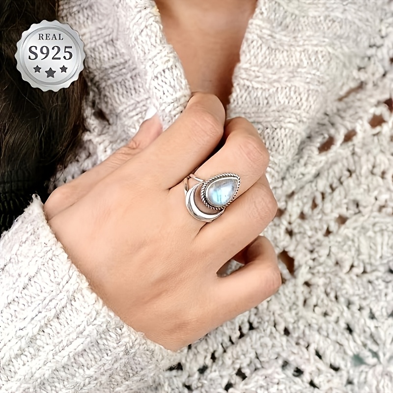 Vintage S925 Large Drop Opal Moon Ring, Fashion Statement